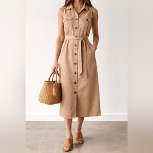 Banana Republic Sleeveless Trench Shirt Dress Tan Belted Lyocell Size Small